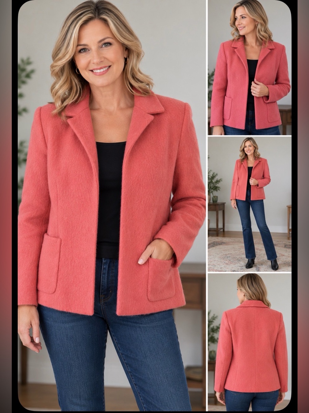 Josephine Chaus Petite Size 10 Salmon Pink Mohair Wool Blend Fuzzy Blazer Jacket
